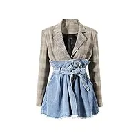 sukori manteaux pour femme blazer notched collar slim panelled plaid spliced denim lace up waist suit jackets (color : blue, size : s)