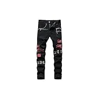 sukori pantalon pour hommes men tartan scotch plaids patchwork denim jeans punk rock zippers rivets black pants trendy slim straight trousers (size : 34 eu)
