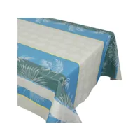 nappe rectangle 150x250 cm palmier bleu lagon jacquard coton + enduction acrylique